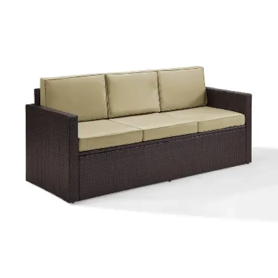 Palm Harbor Outdoor Wicker Sofa In Brown with Sand Cushions - Crosley image {1}