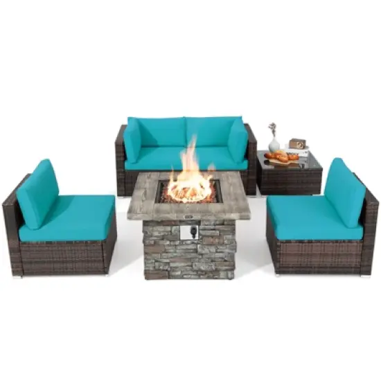 Tangkula Patio Rattan 6PCS Cushioned Sofa Set Furniture Set Thick Cushion with 34.5" Fire Pit Table for Garden Black/Blue/Red/Turquoise/Off White image {11}