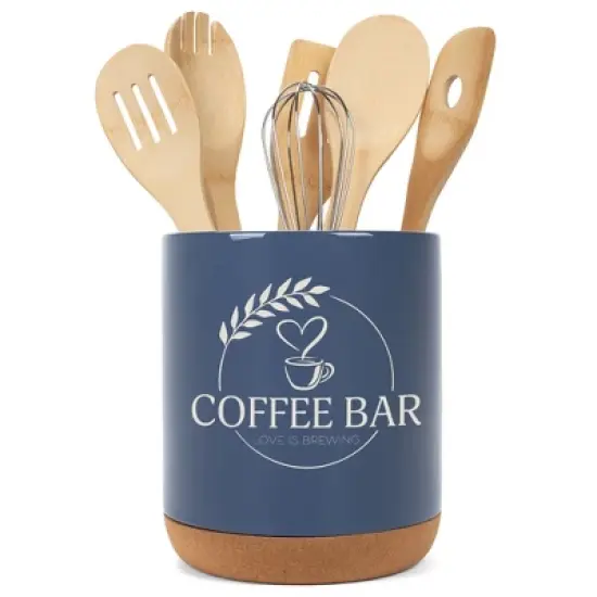 Elanze Designs Coffee Bar Love Is Brewing Ceramic Cork Bottom Navy Blue Large Capacity Utensil Holder Crock for Countertop Storage, Stylish & Durable image {4}
