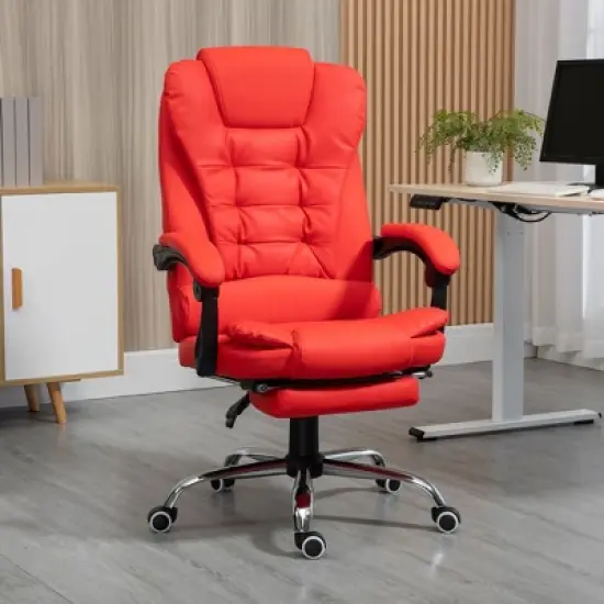 HOMCOM High-Back Executive Office Chair with Footrest, PU Leather Computer Chair with Reclining Function and Armrest, Ergonomic Office Chair, Red image {2}