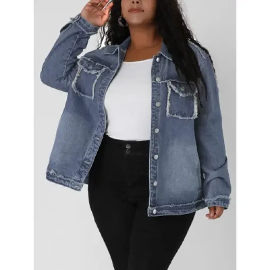 Agnes Orinda Women's Plus Size Button Down Frayed Chest Pockets Short Denim Jacket image {1}