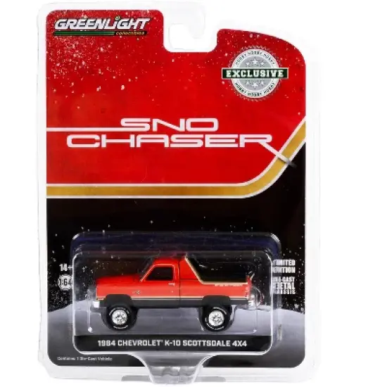 1984 Chevrolet K-10 Scottsdale 4x4 Pickup Truck Red and Black w/Gold Stripes "Sno Chaser" 1/64 Diecast Model Car by Greenlight image {2}