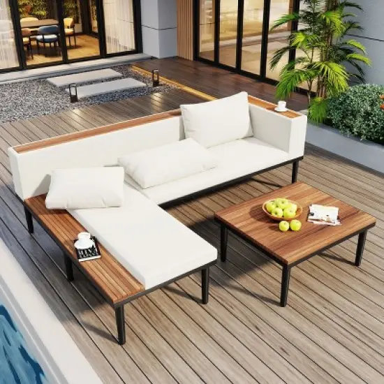 Outdoor Sectional Sofa Set with Removable Cushions, L Shaped Acacia Wood Patio Furniture Set, Conversation Sofa Set with Coffee Table-Koiai image {2}