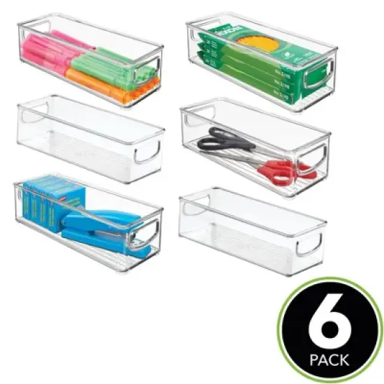 mDesign Small Plastic Office Storage Container Bin with Handles, 6 Pack - Clear image {1}