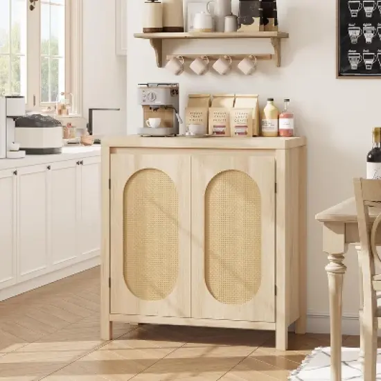 Rattan Cabinet Sideboard Buffet Kitchen Storage Cabinet Cupboard Console Table Wood Coffee Bar Cabinet With Doors and Shelves Liquor Accent Cabinet image {10}