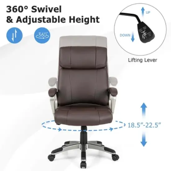 Costway Ergonomic Office Chair PU Leather Executive Swivel with Upholstered Armrests Brown image {4}