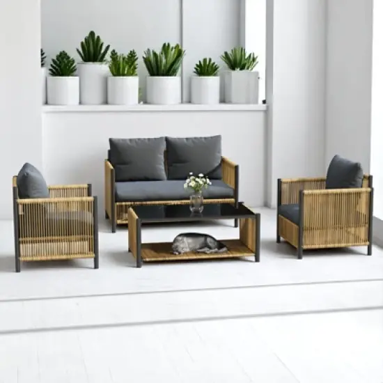 4-Piece Outdoor PE Rattan Sofa Set with Removable Cushion Covers and Coffee Table, Patio Conversation Furniture set image {4}