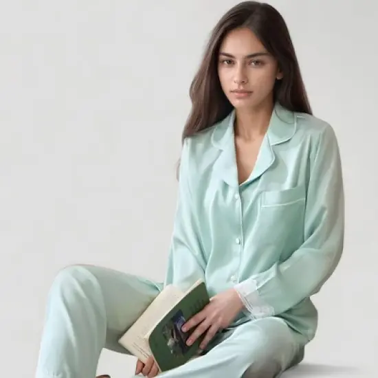 Anna-Kaci Lounge Women's Satin Long Sleeve Button Down Pajama Set with Chest Pocket and Lace Trim Hem Details image {8}