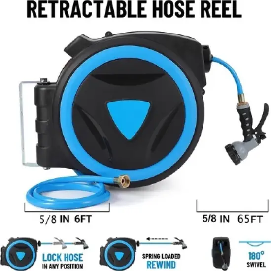 Retractable Garden Hose Reel 5/8 inch x 65 ft Wall Mount With 9-Pattern Nozzle image {1}