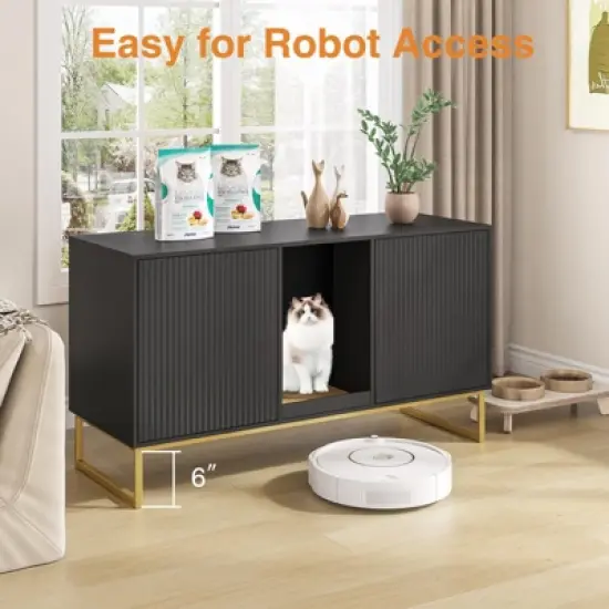 Litter Box Enclosure for 2 Cats, Double Room Kitty House with Scratch Pad image {4}