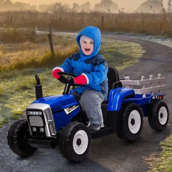 12V Kids Electric Tractor with Trailer, Battery Powered Ride-On Car for Toddlers 3-6, Remote Control, 7 LED Headlights, 2+1 Gear Shift image {5}