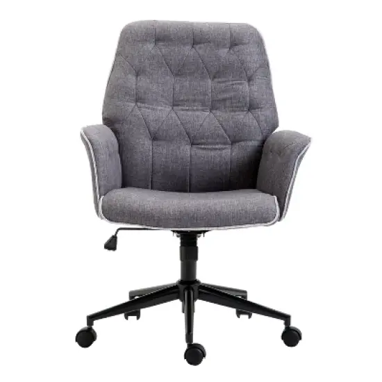 Vinsetto Modern Mid-Back Tufted Linen Home Office Desk Chair with Arms, Swivel Adjustable Task Chair, Upholstery Accent Chair with Soft Seat, Gray image {3}