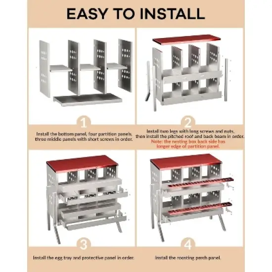 Red Metal Chicken Nesting Box, 6 Compartment Wall-Mountable Roll Away Design, Rustproof Waterproof Ventilated with Perch & Legs image {2}