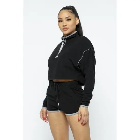 Slickblue Women's Activewear Set, Sporty Crop Top with Zipper & High-Waist Shorts, Casual Style, Black, Size S-L image {2}