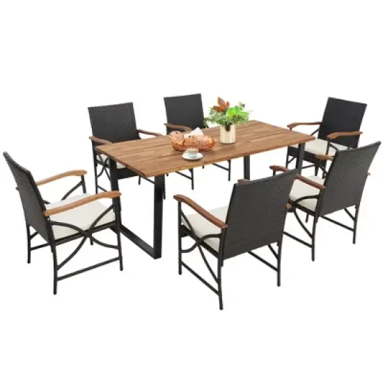 Costway 7 PCS Patio Rattan Dining Set Acacia Wood Table 6 Wicker Chairs with Umbrella Hole image {2}
