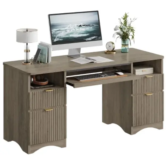 Bestier 59''Executive Office Desk with File&Storage  Drawers，Computer Desk with Keyboard Tray, Office Desks with Cable Management&2 Open Compartments image {7}