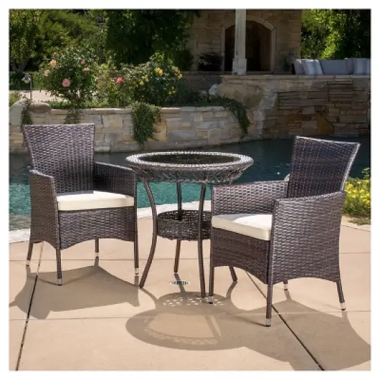 Parker 3-Piece Wicker Patio Bistro Seating Set with Cushions - Brown - Christopher Knight Home image {2}