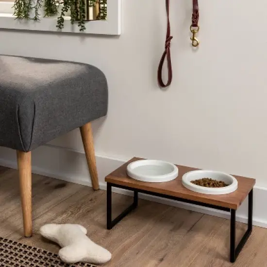 Modern Short Metal Elevated Dog Bowl with Natural Wood Top - Black - Boots & Barkley&trade; image {1}