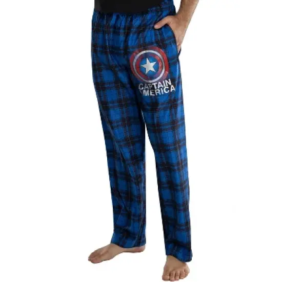 Marvel Mens' Captain America Shield Logo Plaid Pajama Lounge Pants Blue image {3}