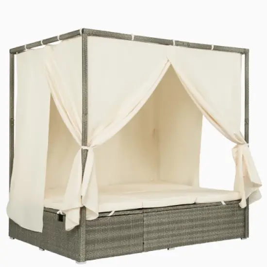 Outdoor Patio Adjustable Sun Bed, Lounge Chair Cushioned Chaise Recliner With Curtain-ModernLuxe image {6}