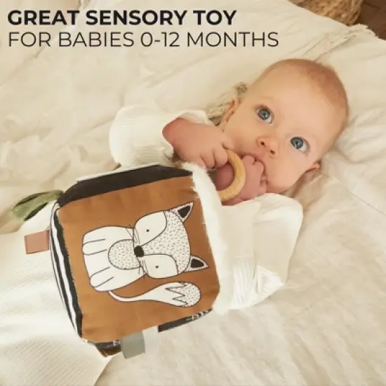 Soft Toy Block with Wooden Ring for Babies 0-6 Months &ndash; High Contrast Sensory Cube & Teether with Tummy Time Mirror for Newborn Development image {1}