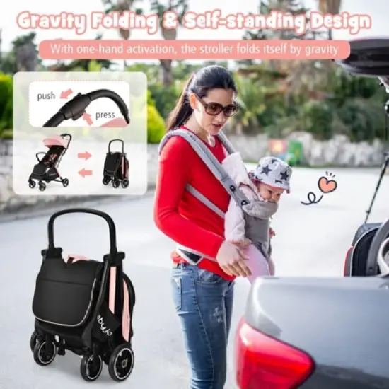 Infans Portable Baby Stroller One-Hand Fold Pushchair W/ Aluminum Frame Pink image {6}