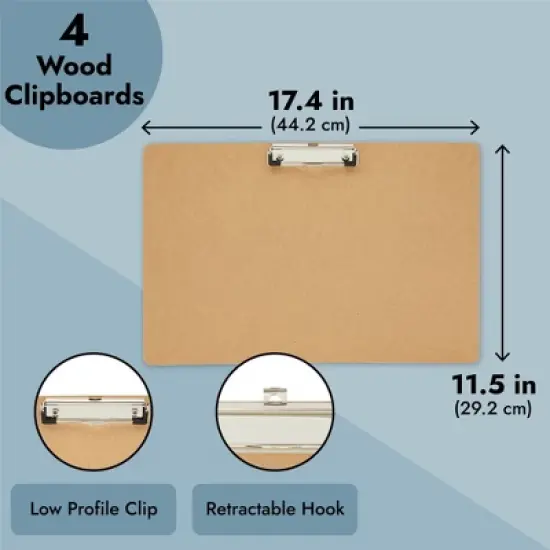 Stockroom Plus 4-Pack Extra Large Clipboard, Horizontal Wooden Lap Boards w Low Profile Clip for Drawing, Sketching, 3mm, 11.5x17.4 In image {3}