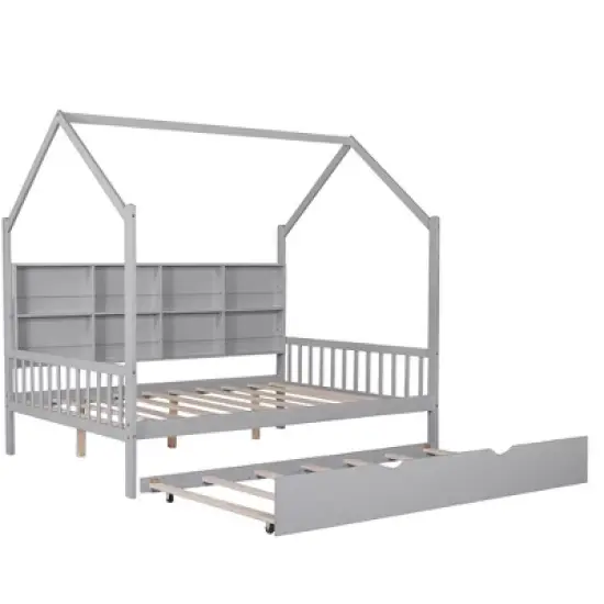 Wooden Twin Size House Bed With 2 Drawers, Storage Shelf Kids' Bed, Multifunctional Sky Roof House Bed Frame image {3}