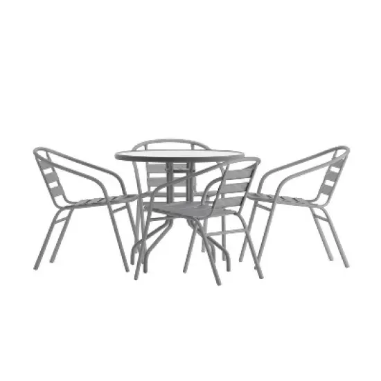 Emma and Oliver 31.5'' Round Glass Top Metal Table with 4 Aluminum Slat Stack Chairs image {13}