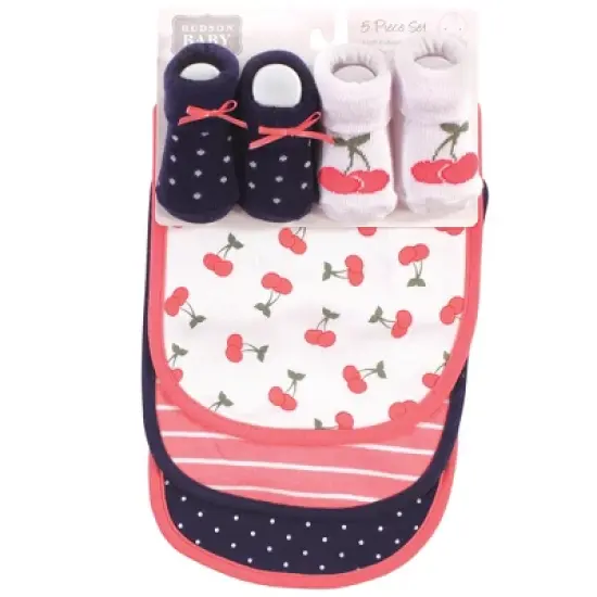 Hudson Baby Infant Girl Cotton Bib and Sock Set 5pk, Cherry, One Size image {1}
