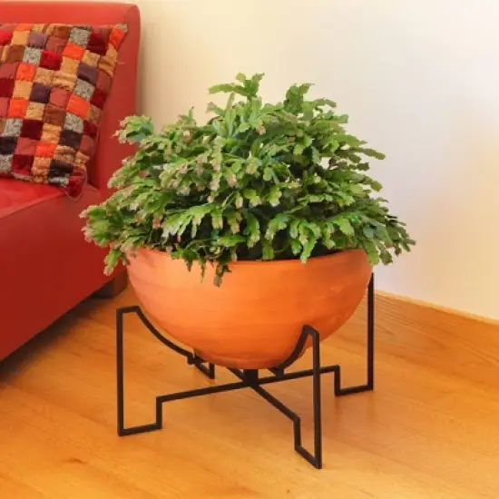 ACHLA Designs 15.25" x 20" Galvanized Steel Planter Bowl with Black Wrought Iron Plant Stand Burnt Sienna image {1}