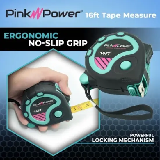 Pink Power 16 Ft Tape Measure with Fractions &ndash; Blue Heavy-Duty Small Measuring Tape Retractable with Easy-Read Markings, Self Centering Return image {3}
