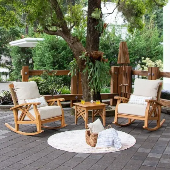 Cambridge Casual 3pc Carmel Teak Wood Outdoor Patio Small Spaces Rocker Conversation Set with Tan Cushions image {1}