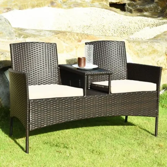 Costway Patented Patio Rattan Conversation Set Loveseat Sofa Cushioned Coffee Table Mix Brown image {3}