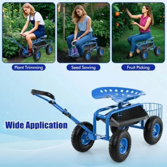 Costway Garden Cart Patio Wagon Roll Work Seat with Tray Basket Extendable Handle Blue/Red/Green image {5}