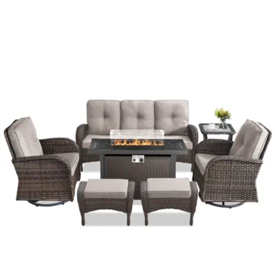 Buenhomino 7PCS Patio Conversation Set Brown Wicker Swivel Patio Chair Sofa Ottoman Set with Side Table and Fire Table PE Rattan Furniture Set image {1}