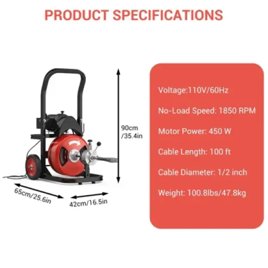 Drain Cleaning Machine 100Ft 1/2 Inch Cable, Sewer Snake Machine Auto Feed, Drain Auger with 4 Cutters & Air-activated Foot Switch for 2" to 4" Pipes image {1}
