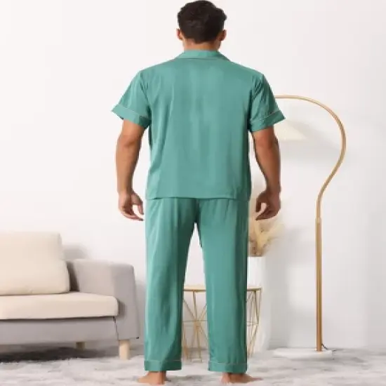 cheibear Men's Satin Sleepwear Short Sleeve Button Down T-Shirt with Pants Couple Pajama Set image {3}