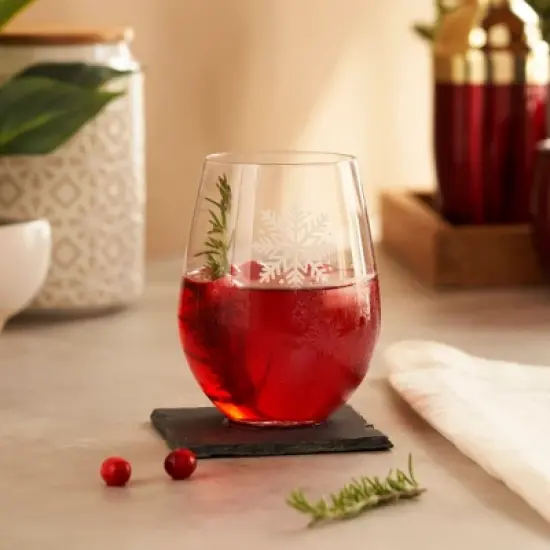 Twine Scattered Snowflakes Stemless Wine Glass, Holiday Wine and Christmas Party Accessory, Hostess Gift, Snow Pattern, Clear, Silver image {3}