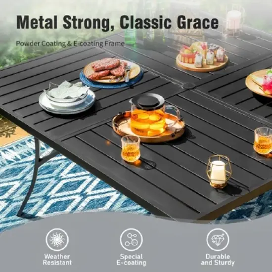 Captiva Designs 9pc Spacious Slat-top Square Metal Table with Umbrella Hole & Fixed Metal Chairs with Cushions image {5}