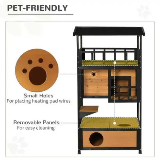 Resenkos Wooden Outdoor Cat House, Feral Cat Shelter Kitten Condo with Asphalt Roof, Escape Doors, Condo, Jumping Platform, Yellow image {5}