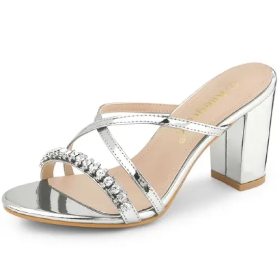 Allegra K Women's Crisscross Strap Rhinestone Block Heel Slide Sandals image {7}