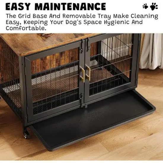 Acekool 37.5" Furniture Style Dog Crate with Wheels, Removable Tray, Lockable Indoor Kennel, Rolling Cage for Medium & Large Dogs, Brown image {3}