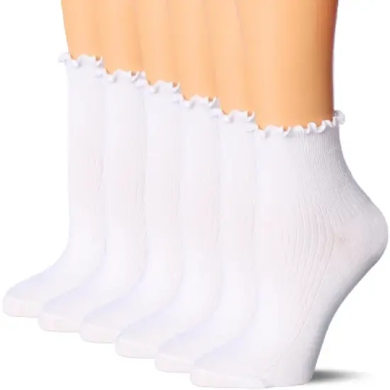 Tipi Toe Womens White Turn-Cuff Solid Lettuce Edge Lightweight Quarter Length Ruffle Socks image {1}