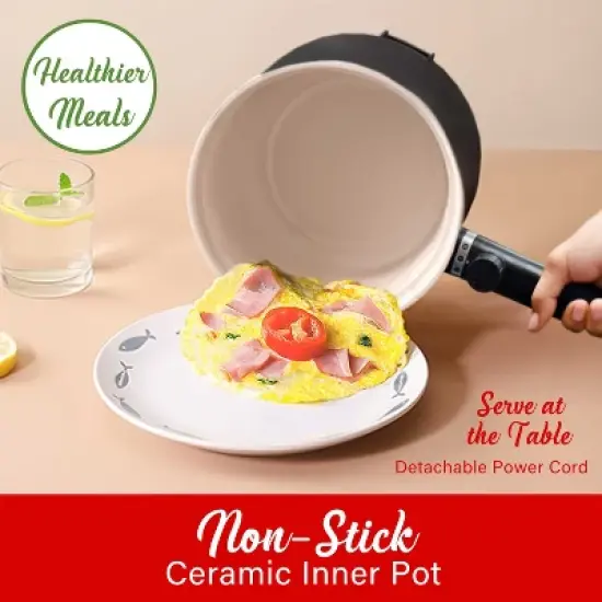 Brentwood 600-Watt 1.6-Qt. Multifunction Electric Hot Pot Cooker with Ceramic Non-Stick Ceramic Coating and Stainless-Steel Food Steamer, Black image {6}