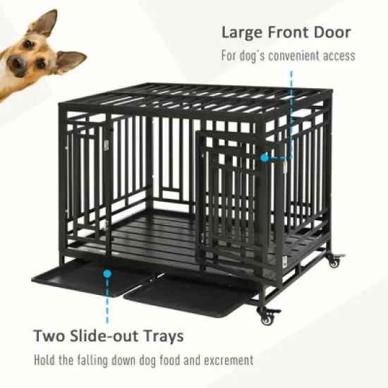 PawHut Heavy Duty Dog Cage Metal Kennel and Crate Dog Playpen with Lockable Wheels, Slide-out Tray and Anti-Pinching Floor image {6}