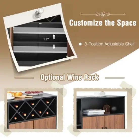 Costway Industrial Wine Bar Cabinet Sideboard Buffet with Glass Holder &  Adjustable Shelf image {7}