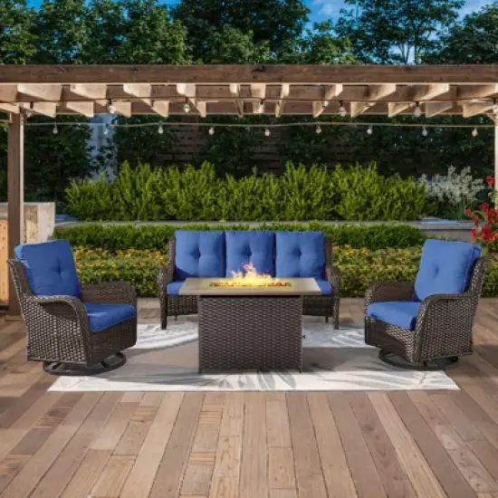 4PCS Patio Furniture Set with Fire Pit Table, Brown Wicker Outdoor Fire Pit Set with Patio Sofa, Swivel Glider Chair and Rectangular Propane Fire Pit image {13}