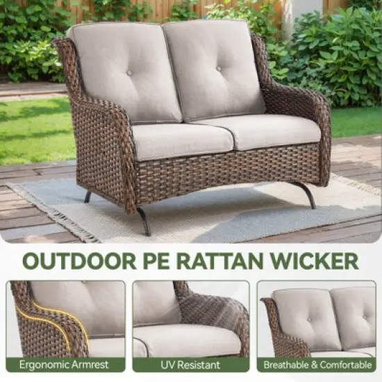 Buenhomino Patio Loveseat Rattan Glider Sofa with Curved Armrest Thicking Back & Seat Cushions for Garden Balcony Backyard image {4}