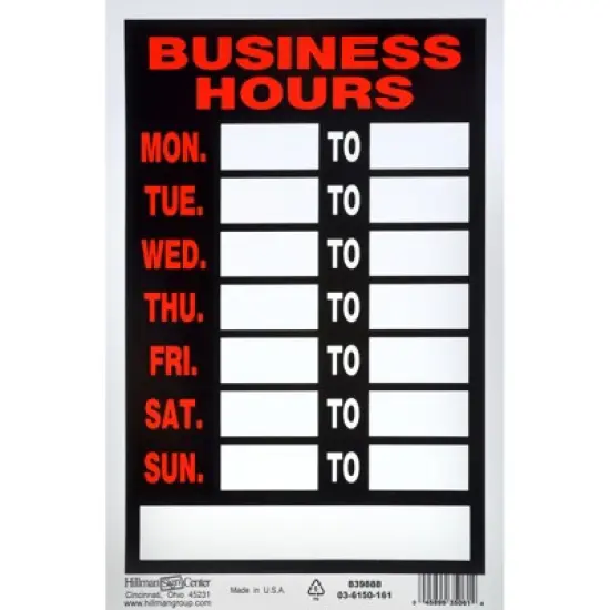 Hillman English Black Hours Sign 12 in. H X 8 in. W - Case of 6 image {1}